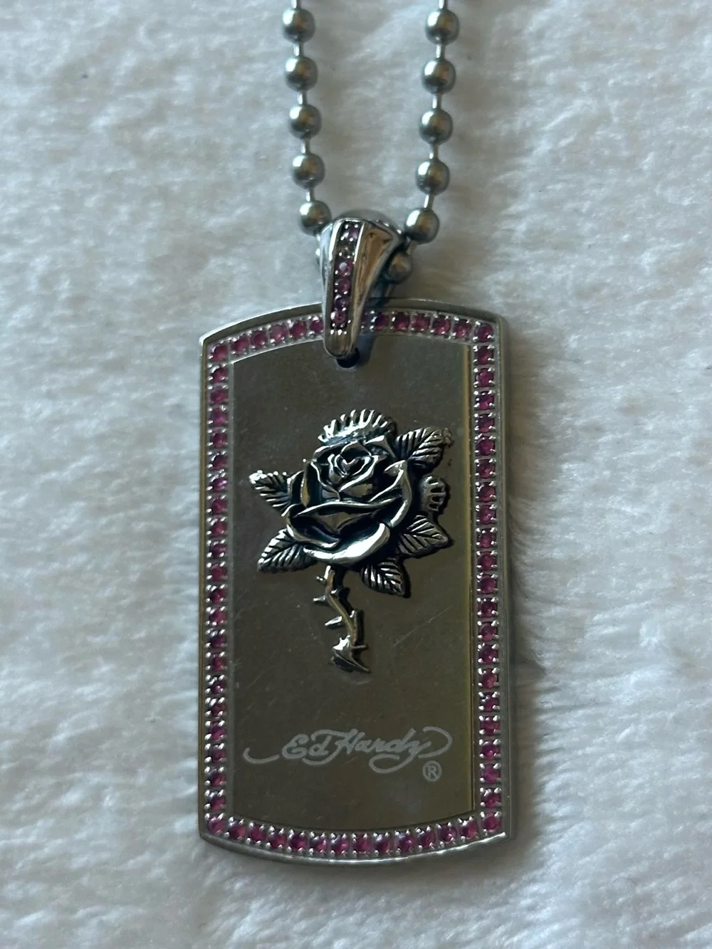 Ed Hardy Silver Dog Tag Necklace with Crystal Border
